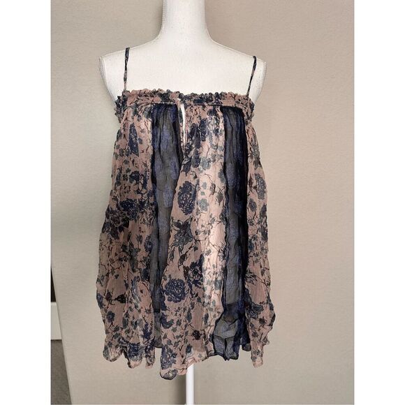 NEW Free People Secret Love Blue Cream Sheer Tank top Small - Picture 1 of 7